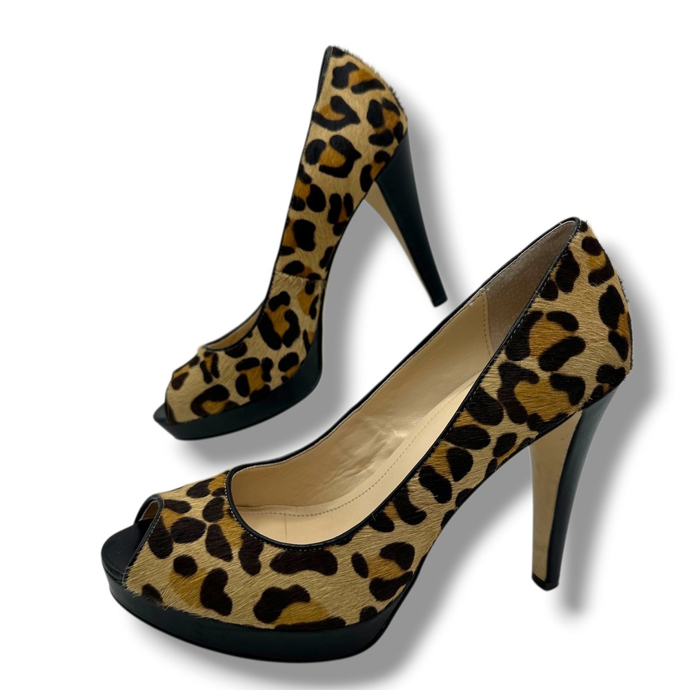 Calvin Klein Sandie Leopard Print Calf‎ Hair Peep Toe Platform Pumps Size 7M